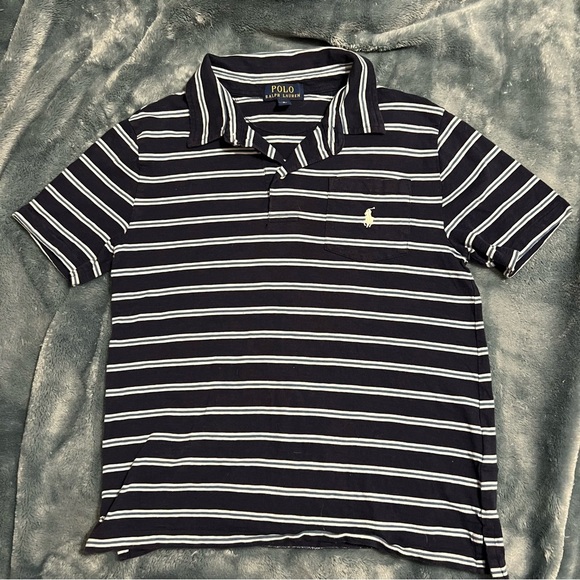 Polo Ralph Lauren Boys Navy Striped Polo Shirt – Size 10/12 (M) - Picture 1 of 4